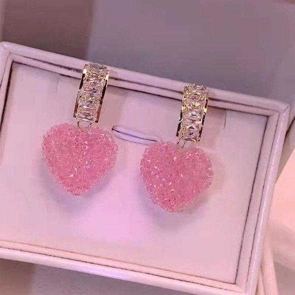 Sparkly Heart Shaped Rock Candy Drop Earrings with Pave Set Baguette Crystals - Picture 5 of 5